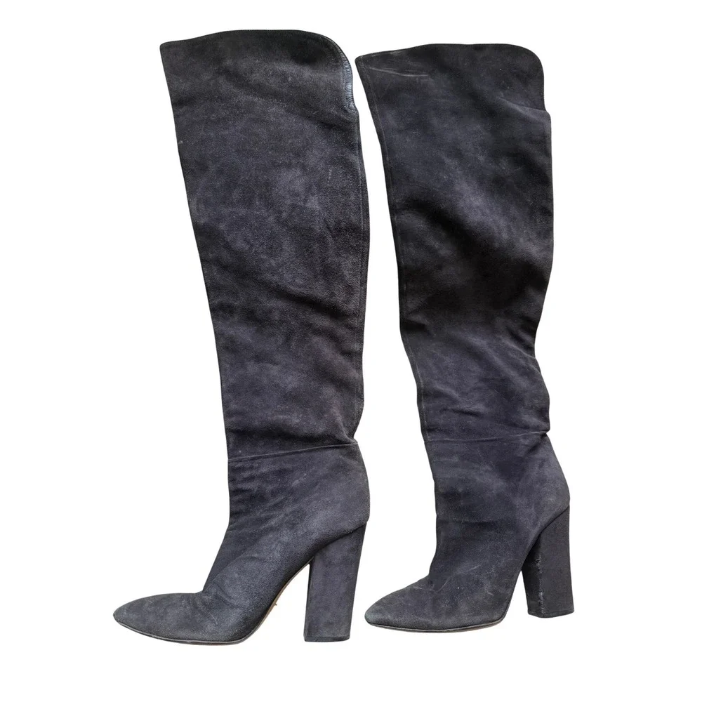 Sergio‎ Rossi Suede Over The Knee Boots Block Heel Dark Gray Size 39.5